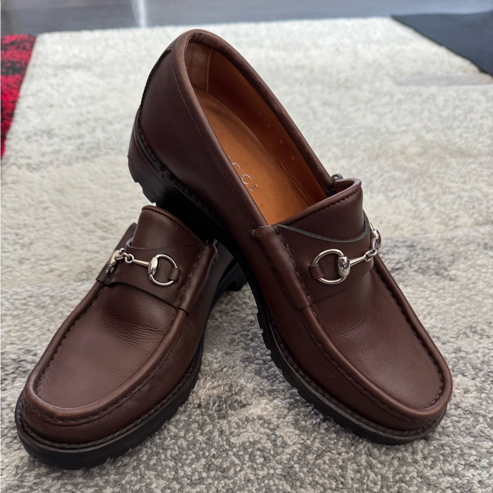 Gucci Women’s Brown Leather HorseBit Lug Sole Loafers